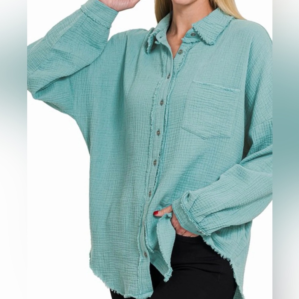 Zenana Dusty Teal gauze raw edge/distressed Button-Up w pocket. Lightweight